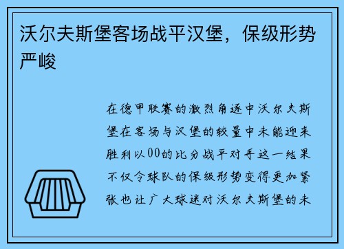 沃尔夫斯堡客场战平汉堡，保级形势严峻