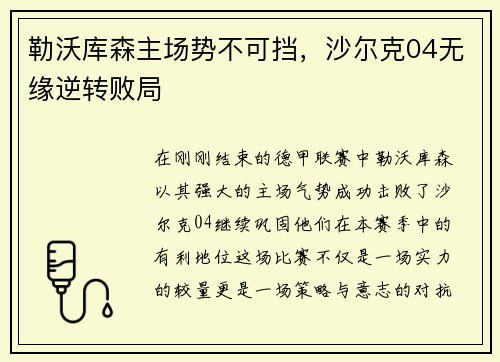 勒沃库森主场势不可挡，沙尔克04无缘逆转败局