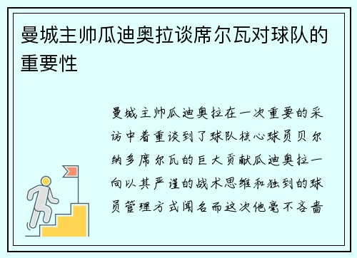 曼城主帅瓜迪奥拉谈席尔瓦对球队的重要性